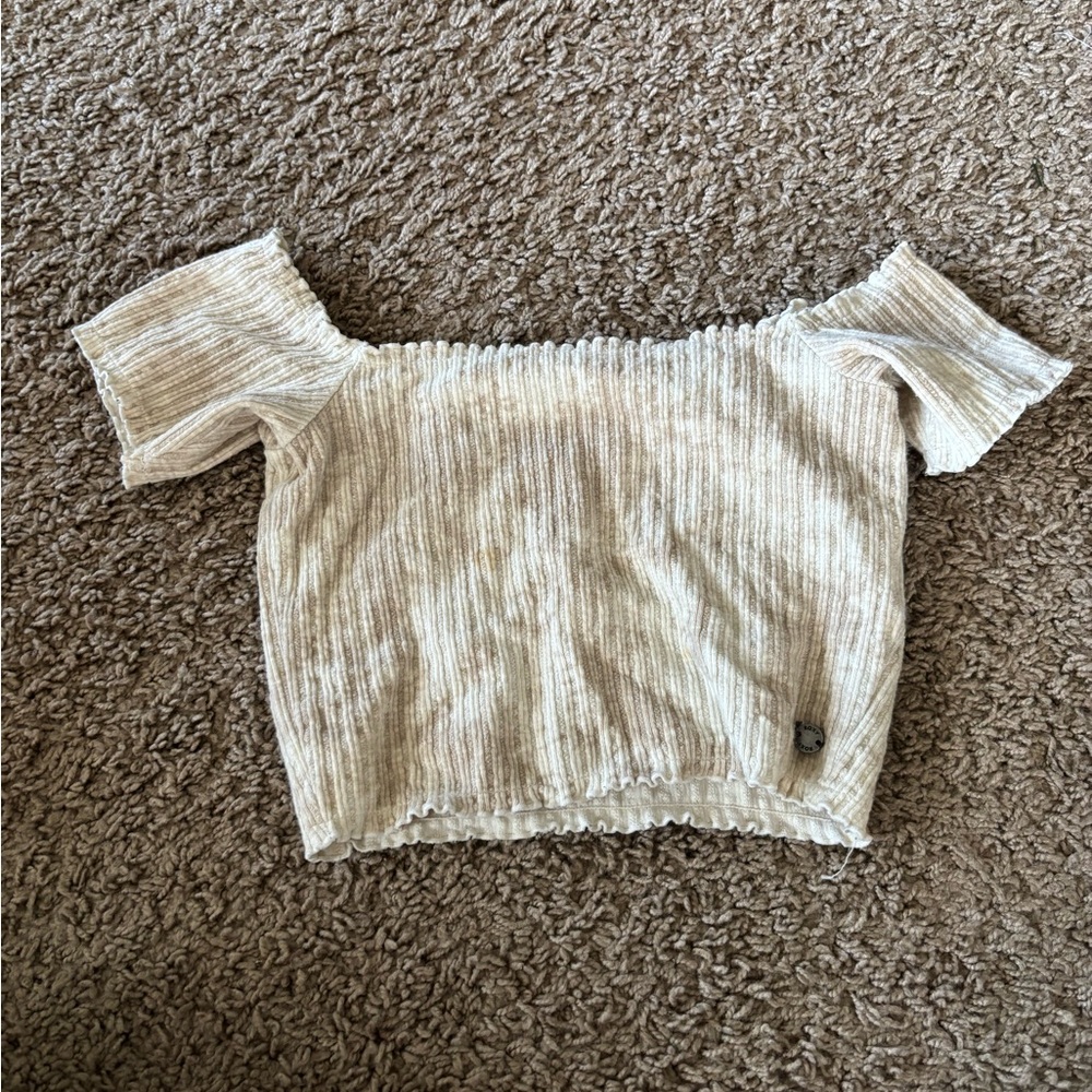 Roxy White Ribbed Smocked Crop Blouse